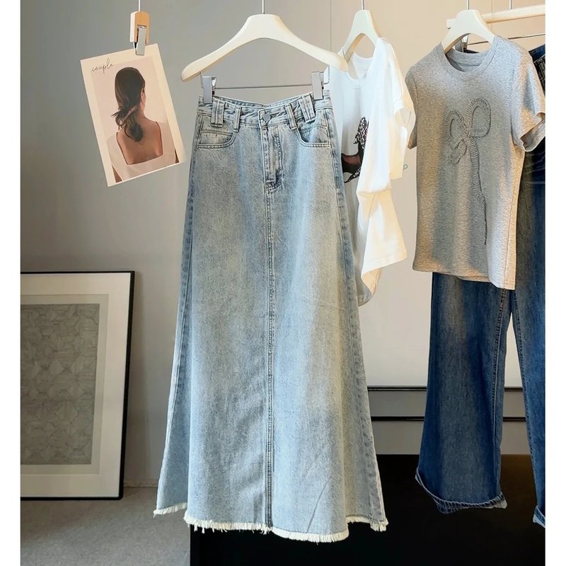 Light Blue Frayed Denim Mermaid Skirt