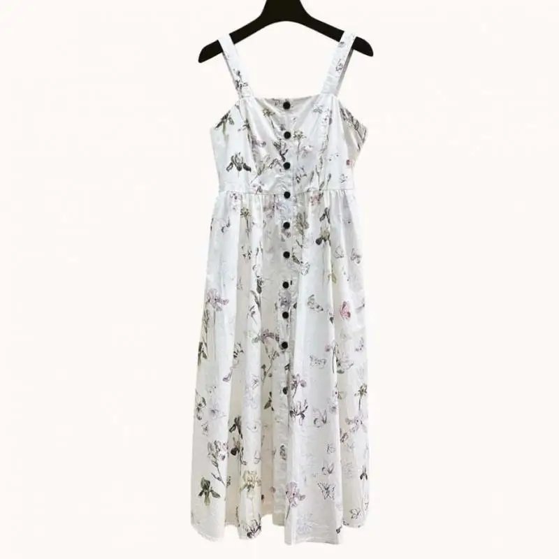 Elegant Cotton Button Trim Dress