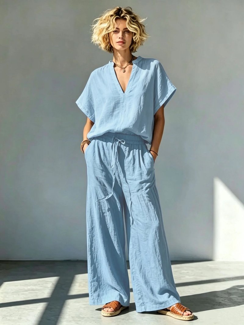 Casual V-Neck Cotton-Linen Set
