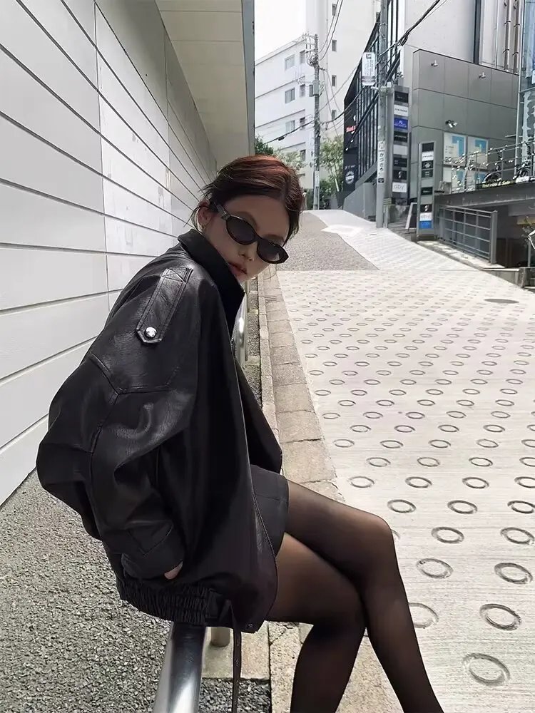 Chic Oversized Faux Leather Biker Jacket