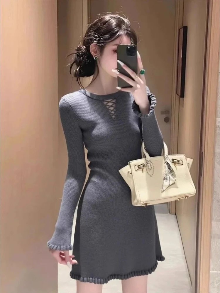 Chic Gray Knit Sweater Dress