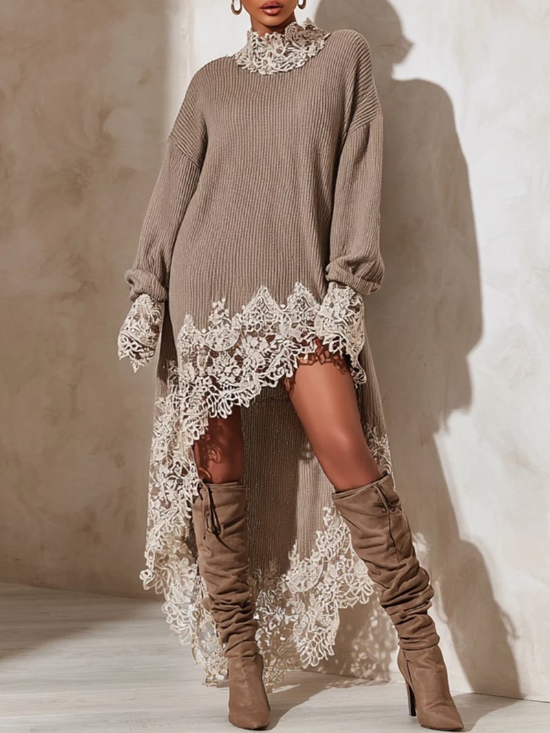 Chic High Neck Lace Knit Dress
