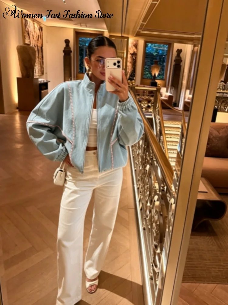 Chic Women's Denim Bomber Jacket