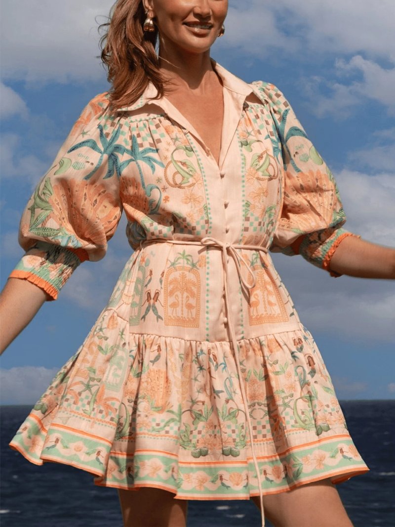 Tropical Print Puff Sleeve Dress