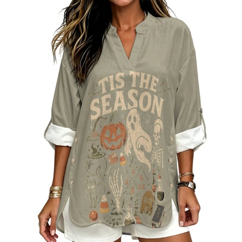 Halloween V-Neck Linen Shirt for Women