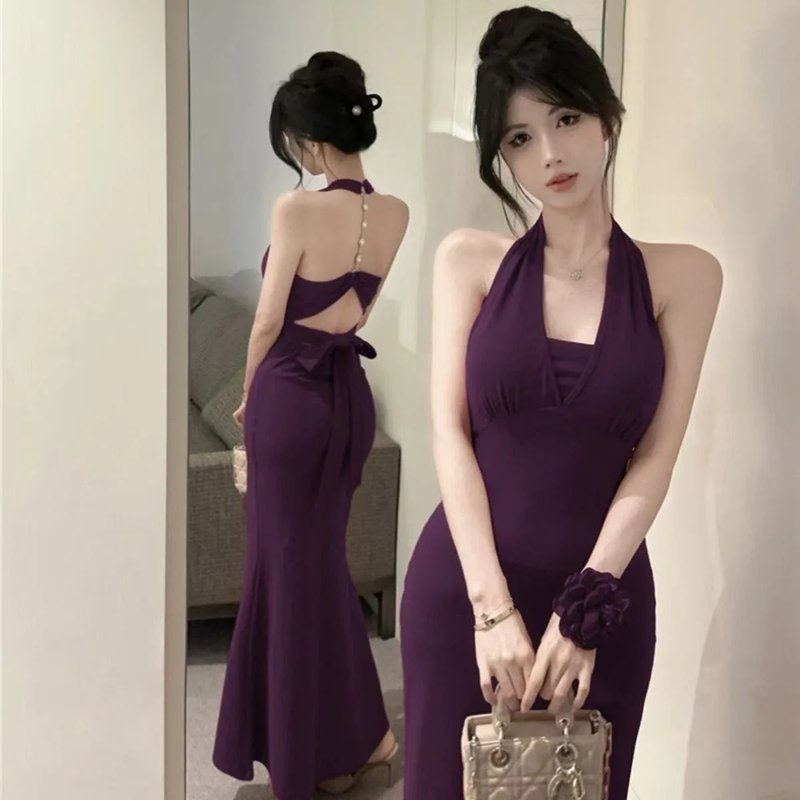 Elegant Purple Halter Neck Dress