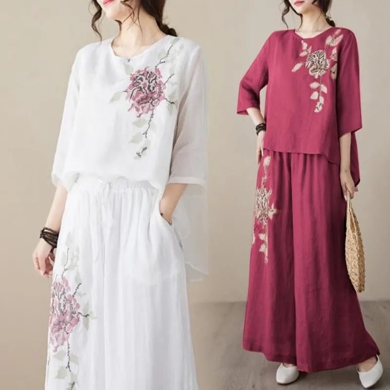 Embroidered Linen Cotton Two-Piece Set