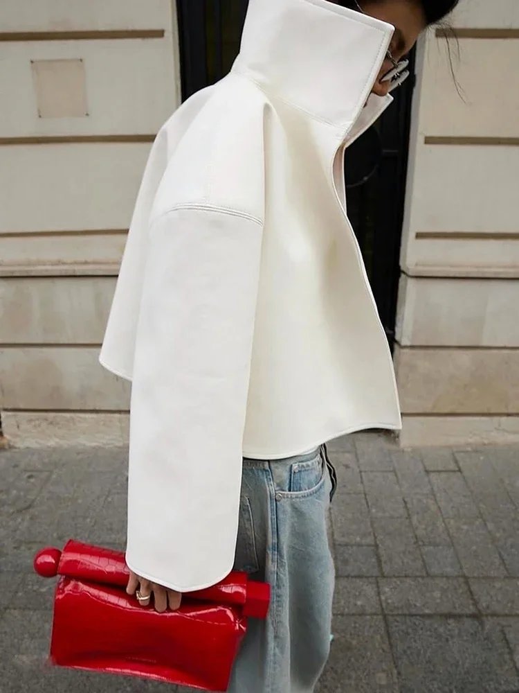 Chic White Faux Leather Cropped Jacket