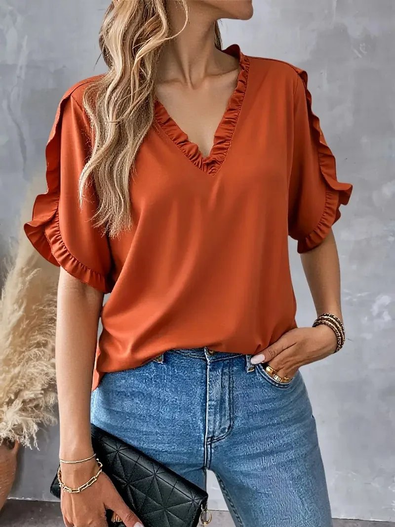 Elegant Ruffle Trim V-Neck Blouse