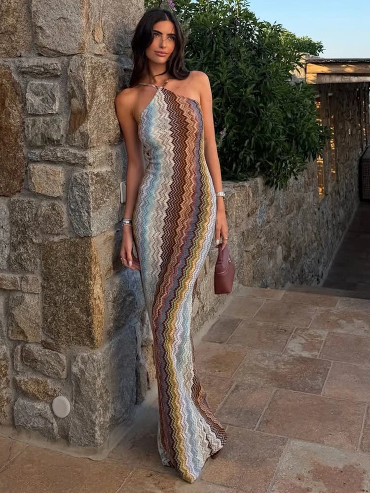 Chic Zigzag Stripe Halter Dress