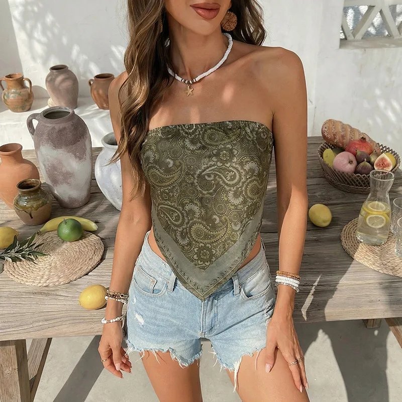 Retro Paisley Print Strapless Top