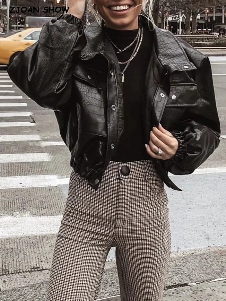 Chic Plaid PU Leather Cropped Jacket