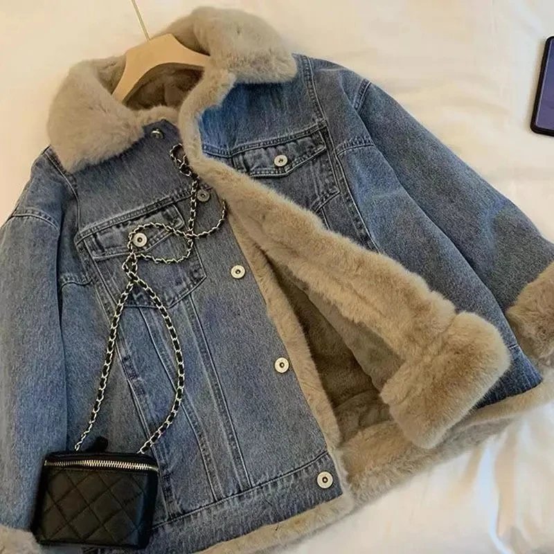 Retro Plush Denim Jacket for Women