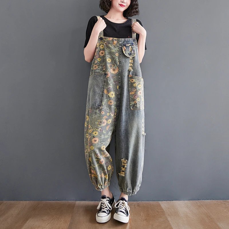 Floral Print Oversized Denim Overalls