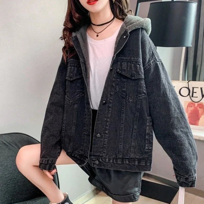 Fur-Lined Black Denim Jacket for Women