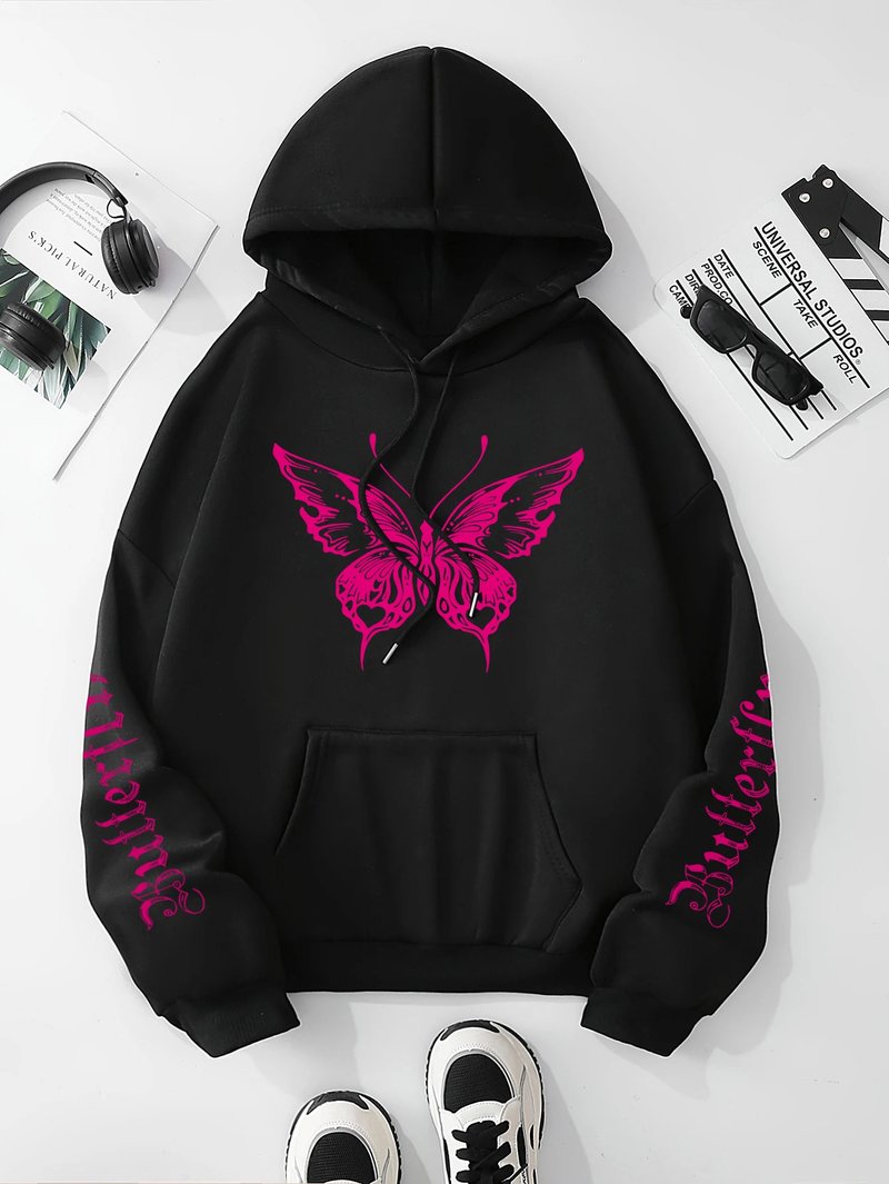 Butterfly Print Drawstring Hoodie