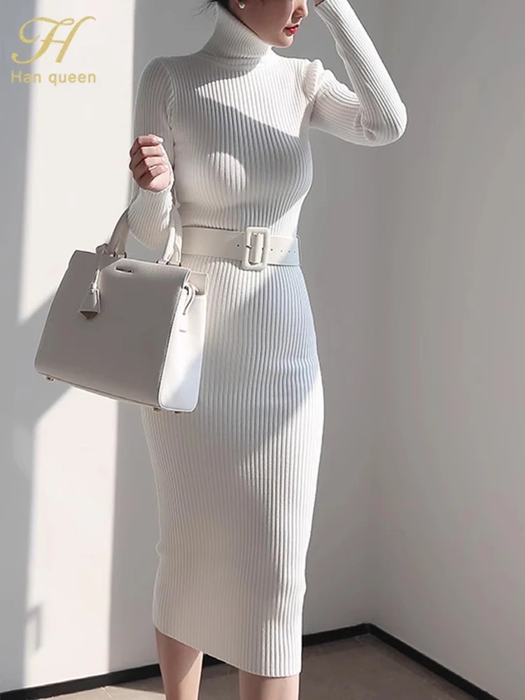 Chic Knitted Turtleneck Midi Dress