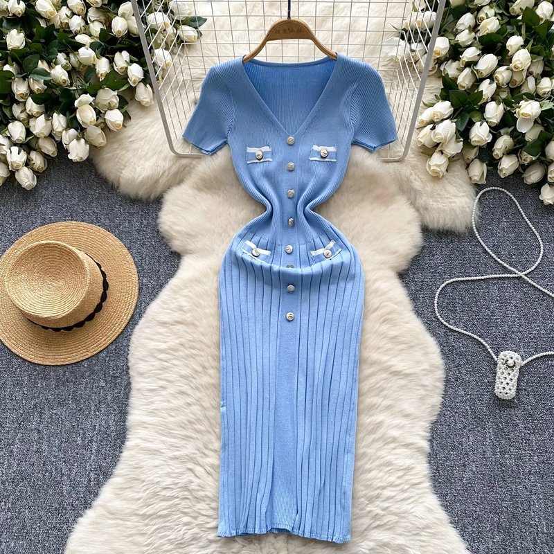 Chic V-Neck Bodycon Sweater Dress