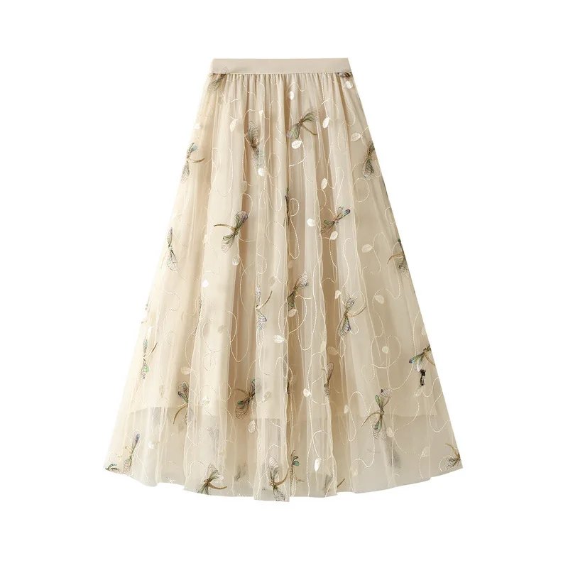 Elegant Dragonfly Embroidery Midi Skirt