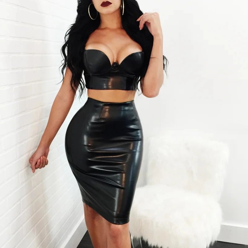 Chic PU Leather Crop Top & Skirt Set