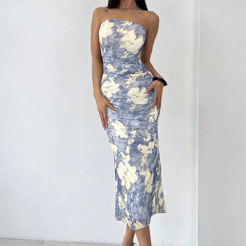 Elegant Strapless Floral Holiday Dress
