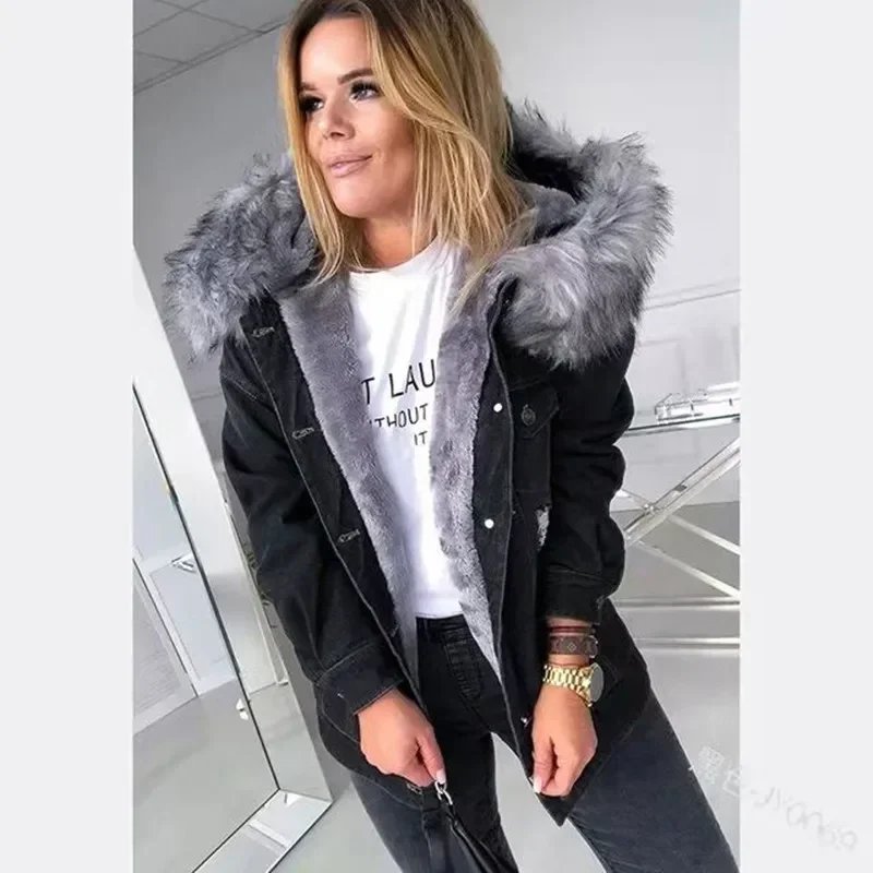 Warm Hooded Denim Jacket for Women