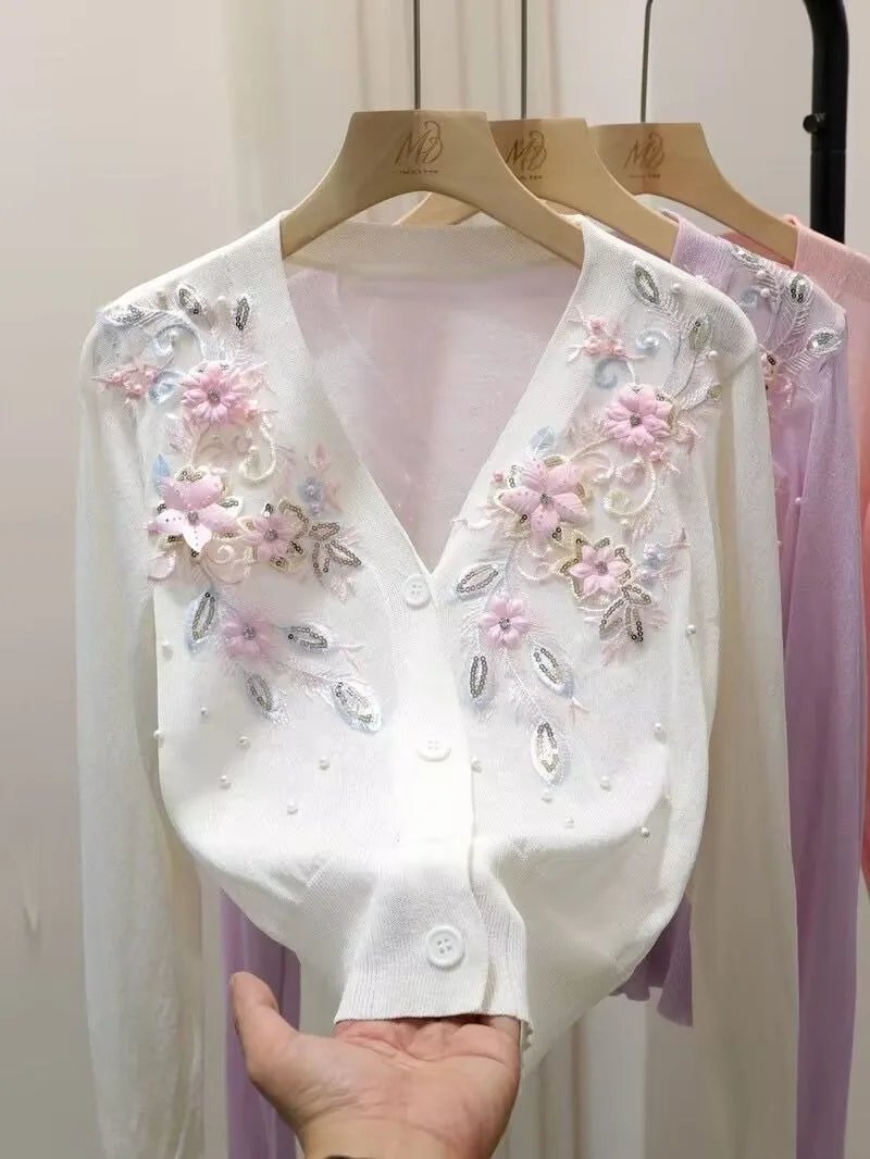 Elegant V-Neck Beaded Cardigan