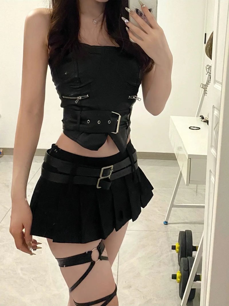 Chic Retro Leather Crop Top & Skirt Set