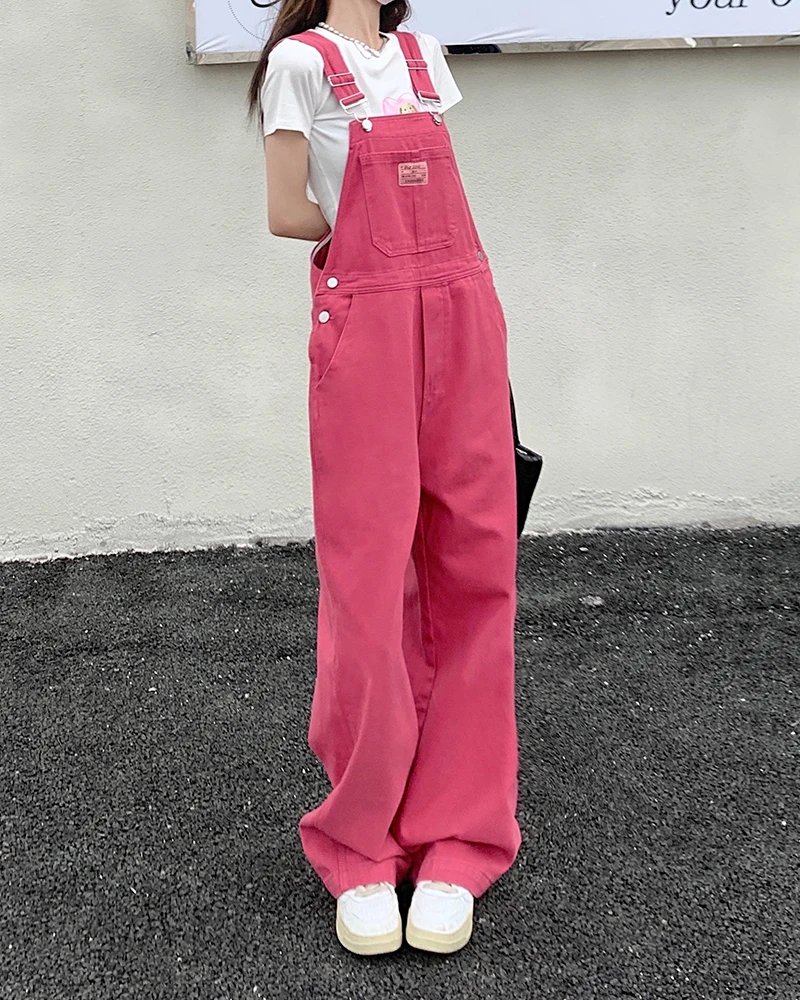 Casual Pink Wide-Leg Denim Jumpsuit