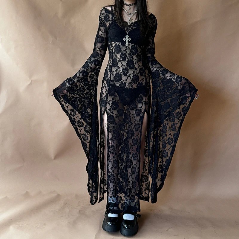 Gothic Sheer Lace Maxi Dress