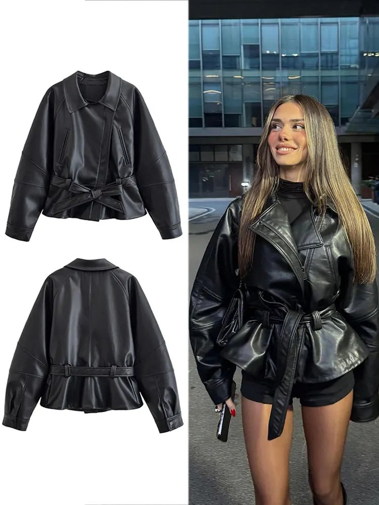 Chic Black Faux Leather Trench Coat