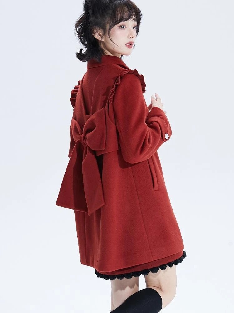 Vintage Lace Trim Red Wool Coat