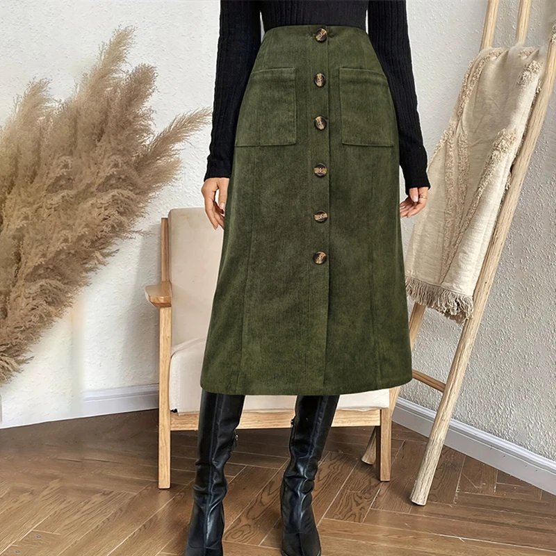 Vintage Green High Waist Midi Skirt