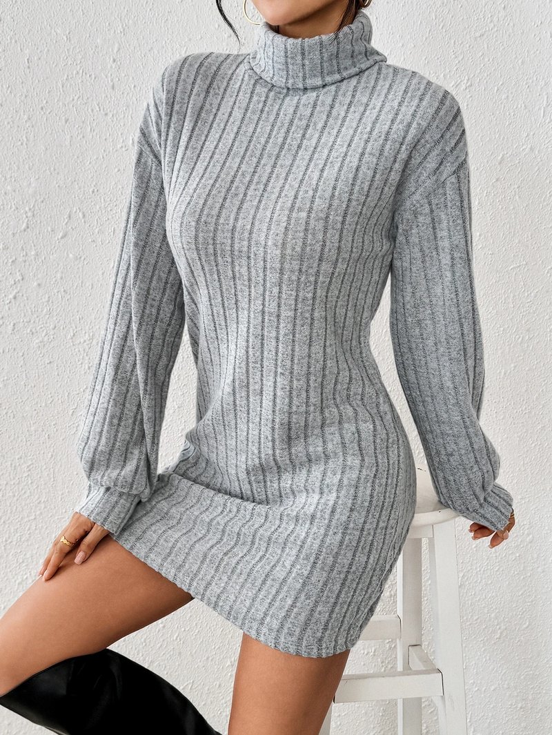 Chic High Neck Ribbed Knit Dress