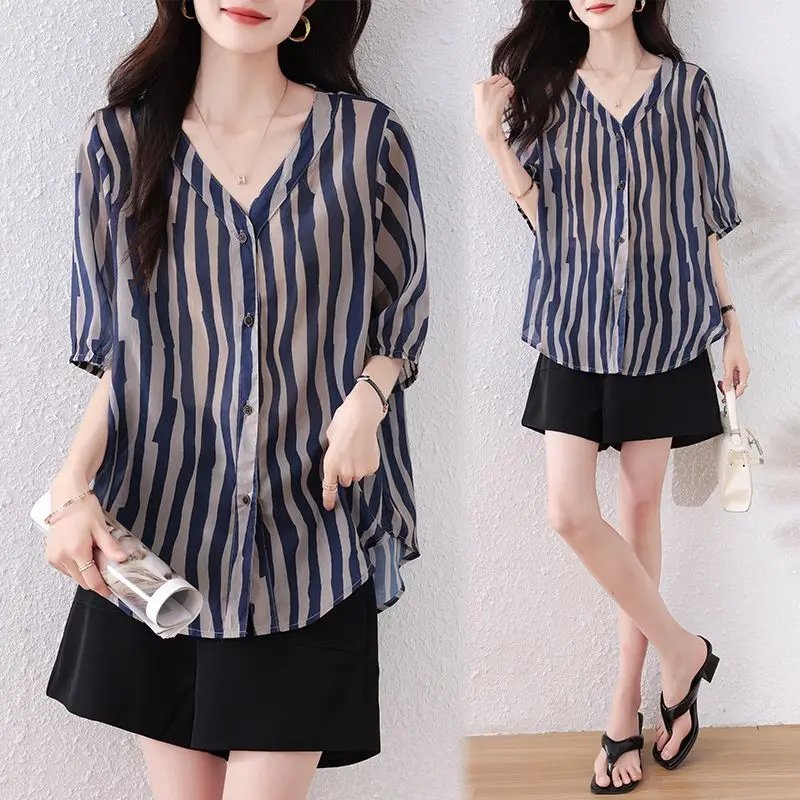 Elegant Striped Chiffon Blouse