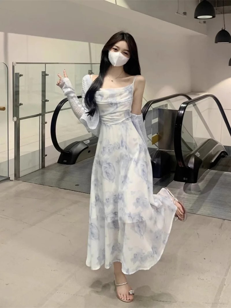 Floral Chiffon Dress & Cardigan Set