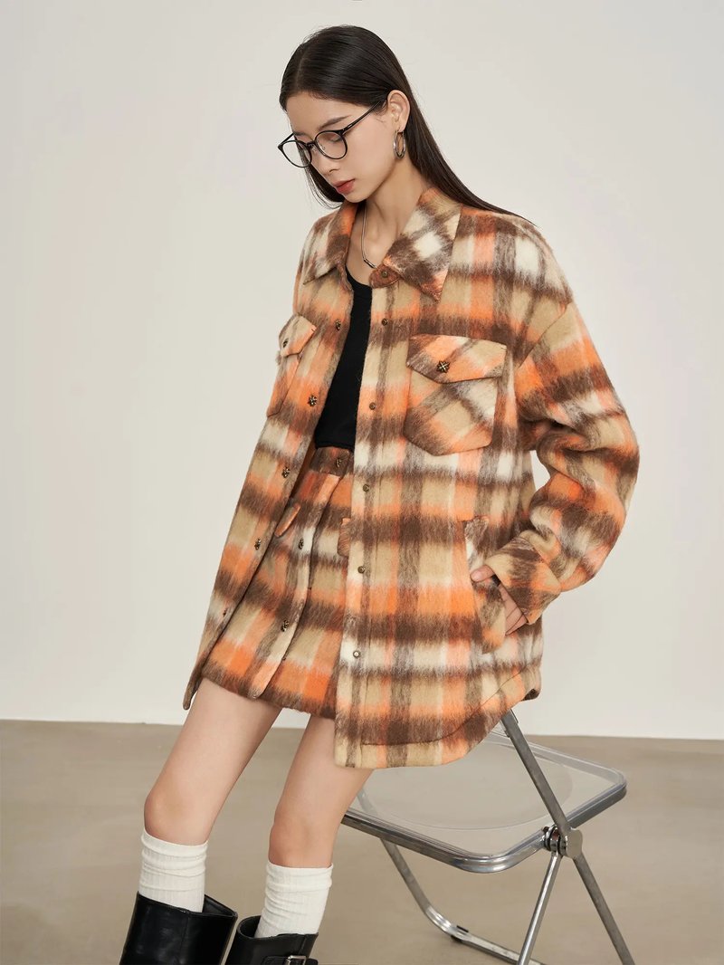 Chic Orange Plaid Wool Coat