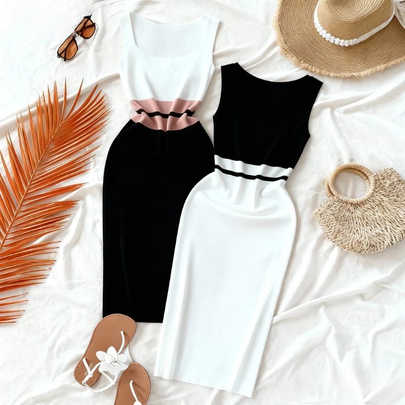 Chic White Color Block Midi Dress