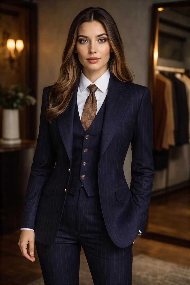 Chic Navy Blue Pinstripe Suit Set