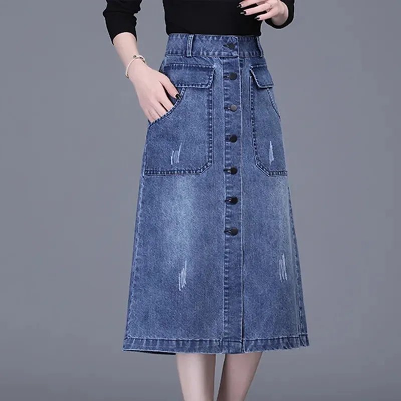 High-Waisted Denim Midi Skirt