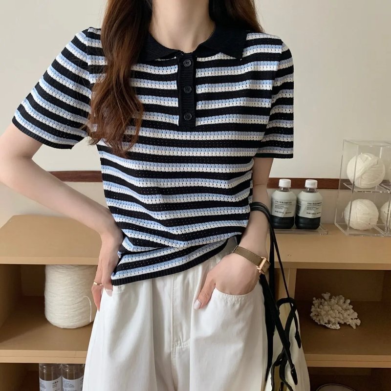 Chic Striped Polo Sweater for Women