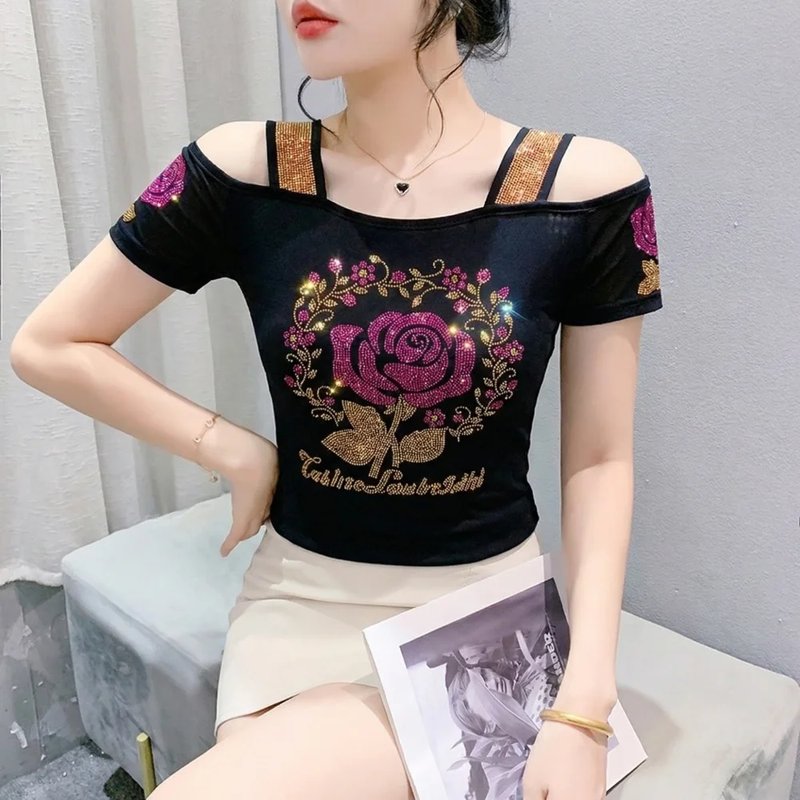 Stylish Off-Shoulder Diamond Tee