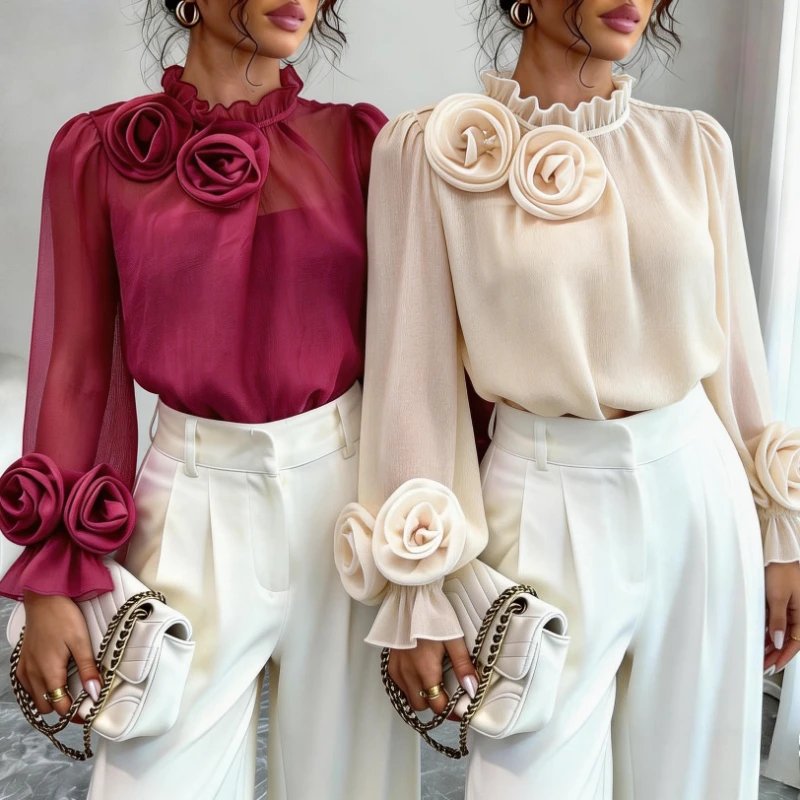 Floral Appliqué Sheer Chiffon Blouse