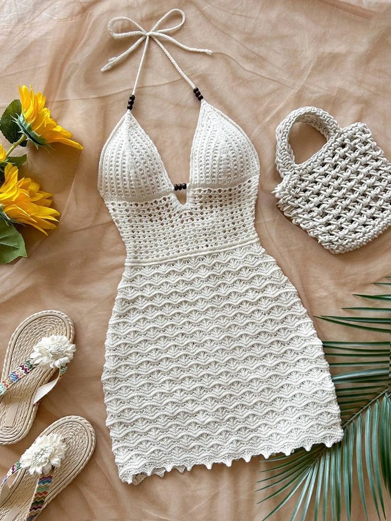 Chic White Crochet Halter Dress