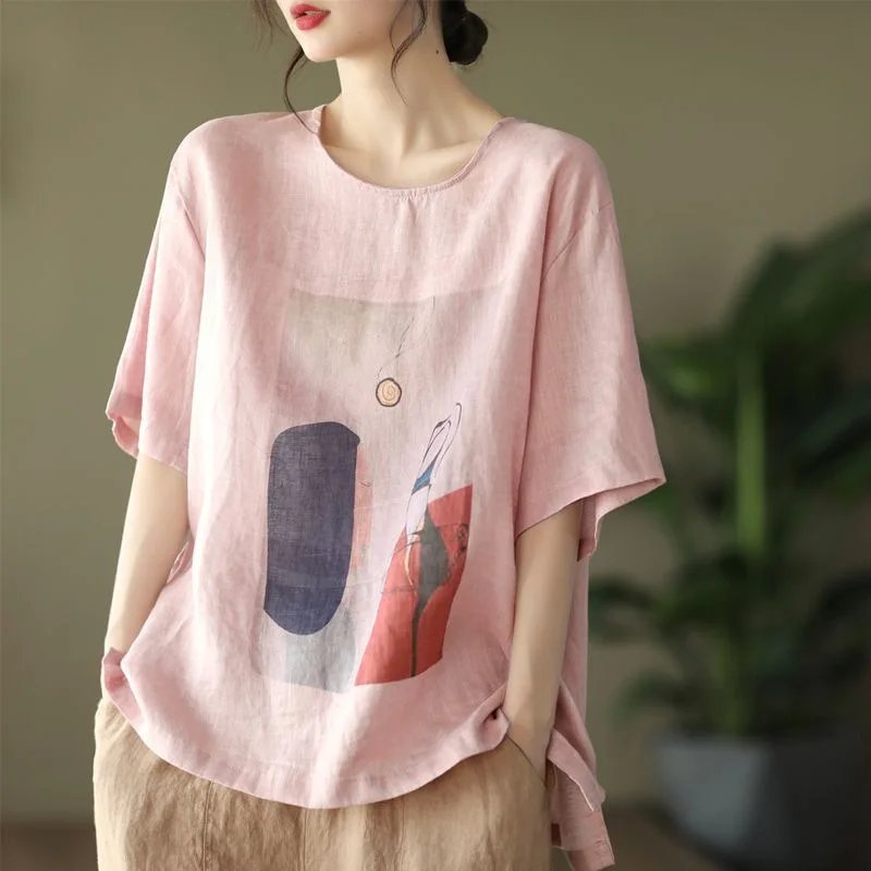 Vintage Abstract Print Linen T-Shirt