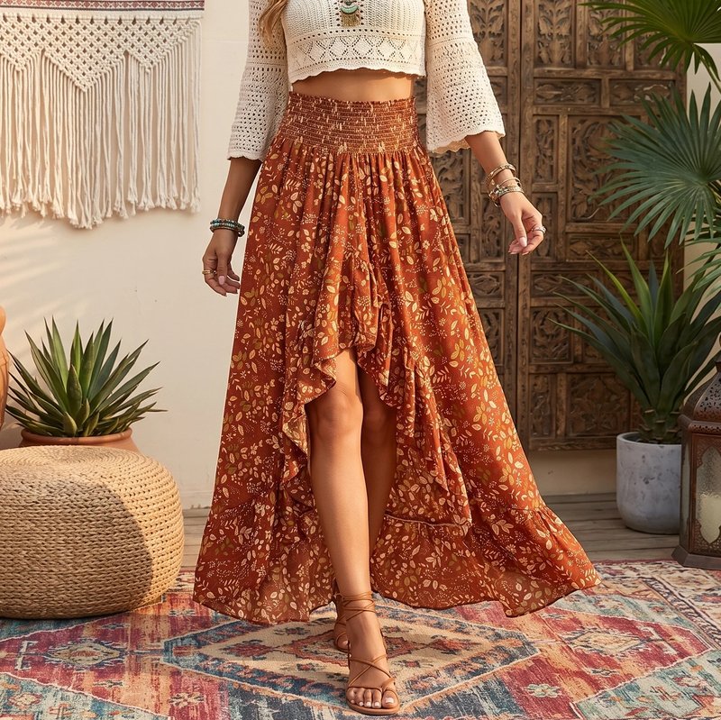 Boho Floral High-Low Maxi Skirt