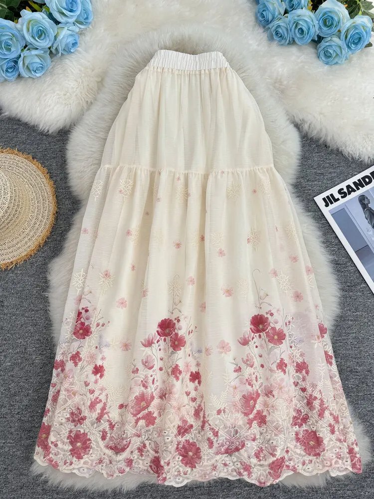 Floral Embroidery A-Line Midi Skirt