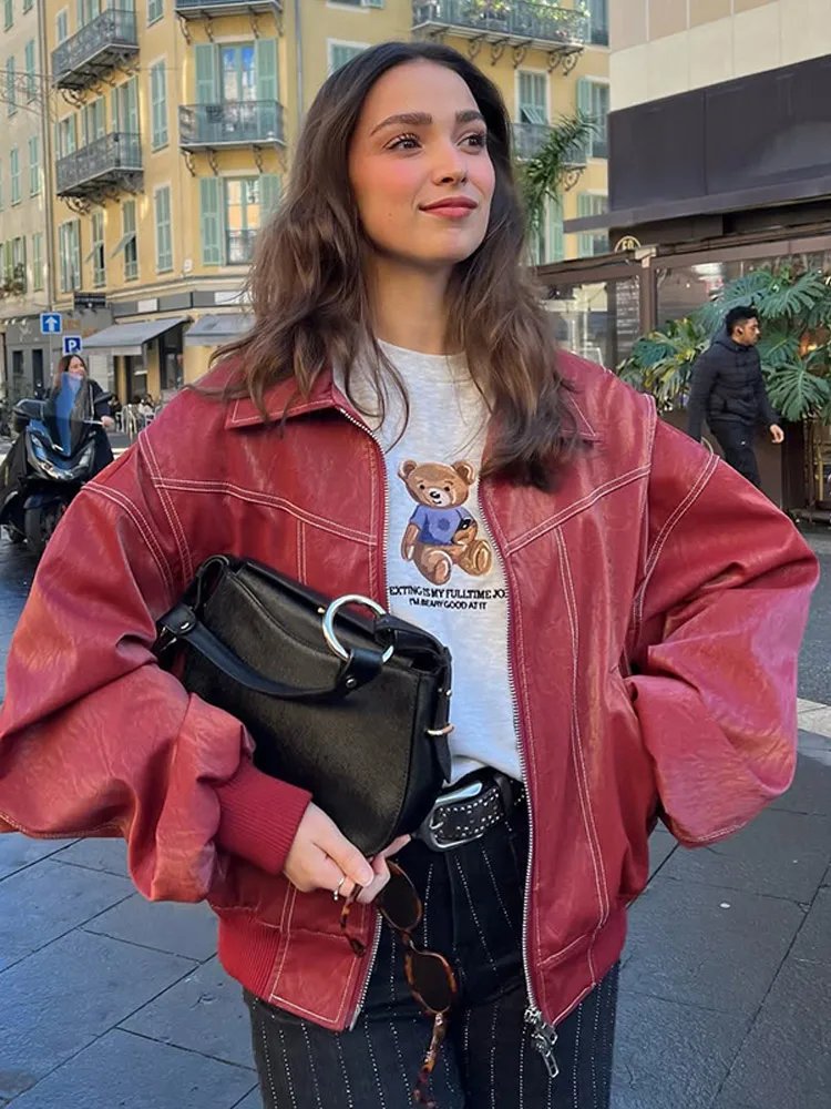 Chic Red Quilted Leather Jacket