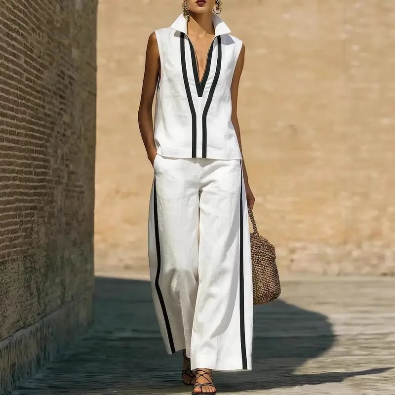 Chic Linen Blend V-Neck Set