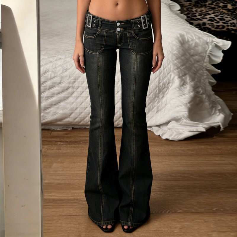 Vintage Double Buckle Flare Jeans